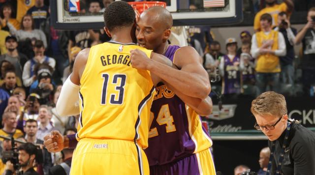 INDIANAPOLIS, IN - FEBRUARY 8:  Kobe Bryant #24 of the Los Angeles Lakers hugs Paul George #13 of the Indiana Pacers before the game on February 8, 2016 at Bankers Life Fieldhouse in Indianapolis, Indiana. NOTE TO USER: User expressly acknowledges and agrees that, by downloading and or using this Photograph, user is consenting to the terms and conditions of the Getty Images License Agreement. Mandatory Copyright Notice: Copyright 2016 NBAE (Photo by Ron Hoskins/NBAE via Getty Images)