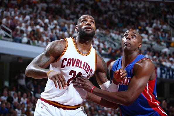 CLEVELAND, OH - APRIL 20:  LeBron James #23 of the Cleveland Cavaliers fights for position against Anthony Tolliver #43 of the Detroit Pistons in Game Two of the Eastern Conference Quarterfinals during the 2016 NBA Playoffs on April 20, 2016 at Quicken Loans Arena in Cleveland, Ohio. NOTE TO USER: User expressly acknowledges and agrees that, by downloading and/or using this Photograph, user is consenting to the terms and conditions of the Getty Images License Agreement. Mandatory Copyright Notice: Copyright 2016 NBAE  (Photo by Nathaniel S. Butler/NBAE via Getty Images)